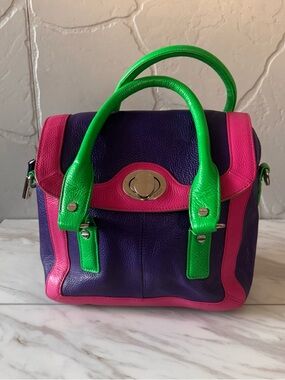 BODHI Leather Satchel Colorblock Purple Pink Green Handbag Top Handle Bag